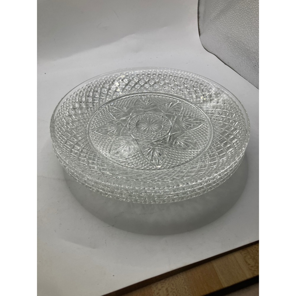 Vintage Pressed Glass Plates Set of 4 Diamond Starburst Pattern 8 Inch Serving